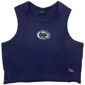 women's navy cut off crop top tank with Penn State Athletic Logo